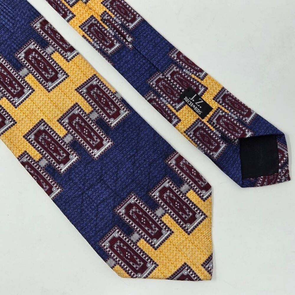 JZ RICHARDS HANDCRAFTED USA SILK TIE SOUTHWESTERN BLUE GEOMETRIC 4" X 59"